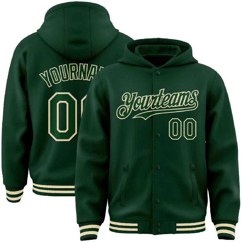 artificial lures for truck fishing-Custom Green Cream Bomber Full-Snap Varsity Letterman Hoodie Jacket