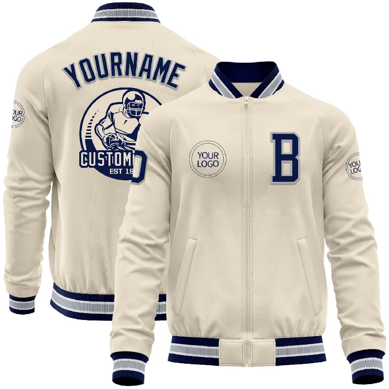 artificial lures for freshwater-Custom Cream Navy Gray-White Bomber Varsity Letterman Zipper Jacket