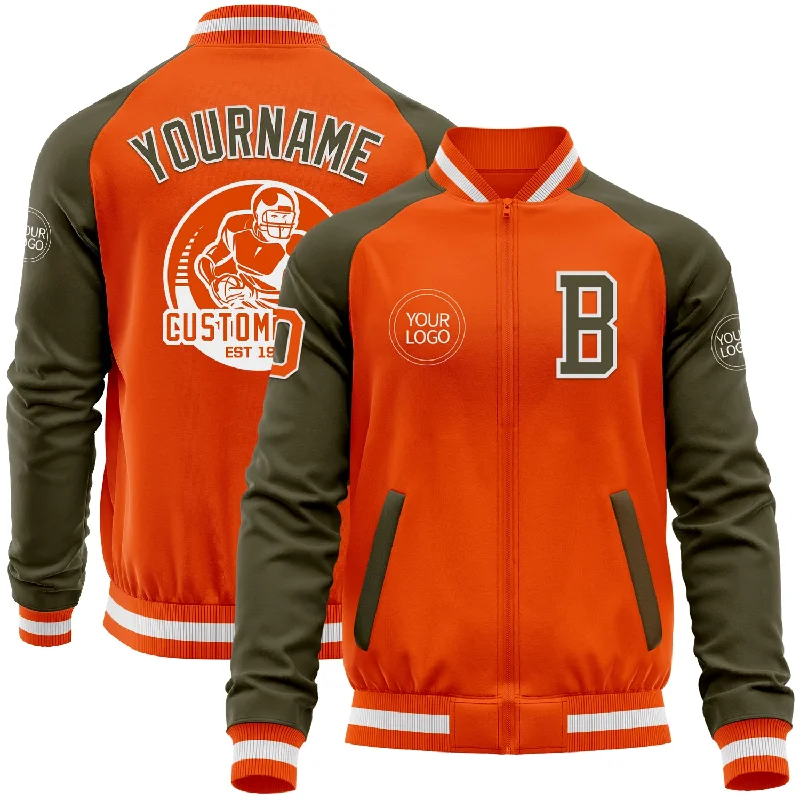 fishing rod holders for bank-Custom Orange White-Olive Bomber Varsity Letterman Two Tone Zipper Jacket