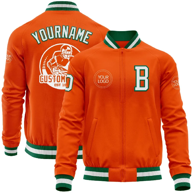 fishing line for home fishing-Custom Orange White-Kelly Green Bomber Varsity Letterman Zipper Jacket