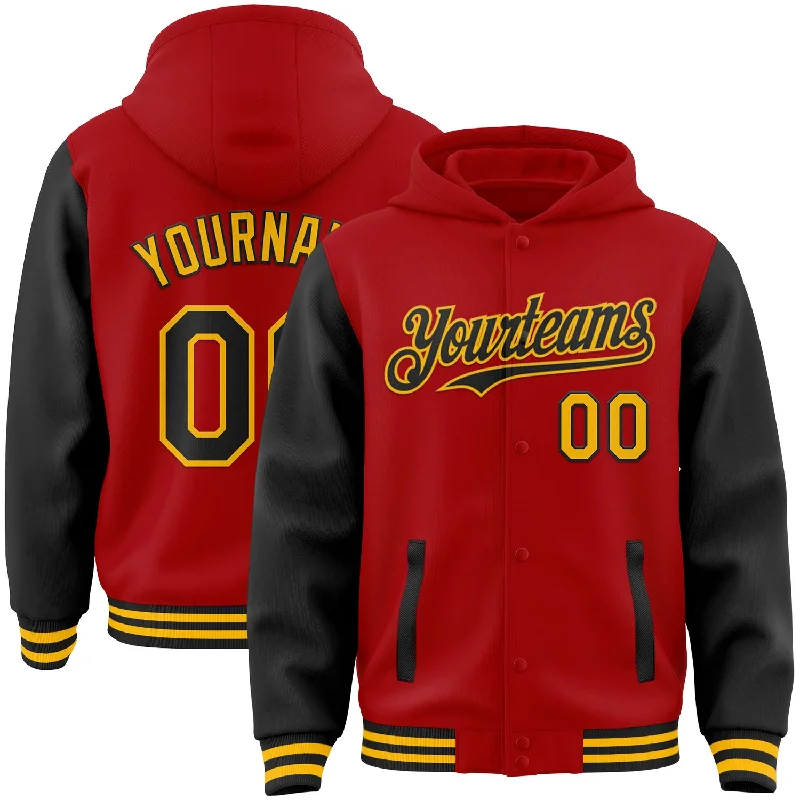 fishing tackle for home fishing-Custom Red Black-Gold Bomber Full-Snap Varsity Letterman Two Tone Hoodie Jacket