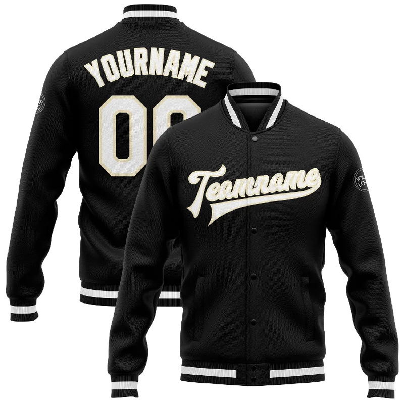 fishing reels for saltwater rods-Custom Black White-Cream Bomber Full-Snap Varsity Letterman Jacket