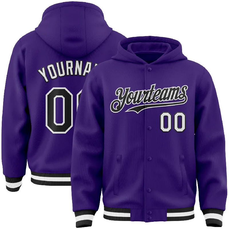 fishing reels for ice fishing-Custom Purple Black-White Bomber Full-Snap Varsity Letterman Hoodie Jacket