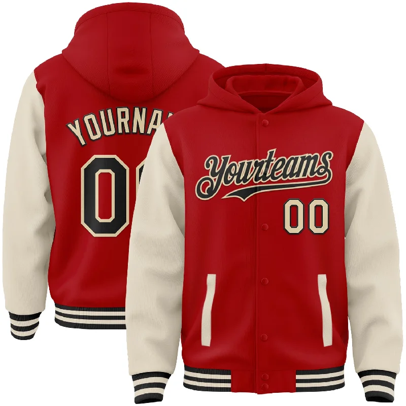 spinning reels for kids fishing-Custom Red Black-Cream Bomber Full-Snap Varsity Letterman Two Tone Hoodie Jacket