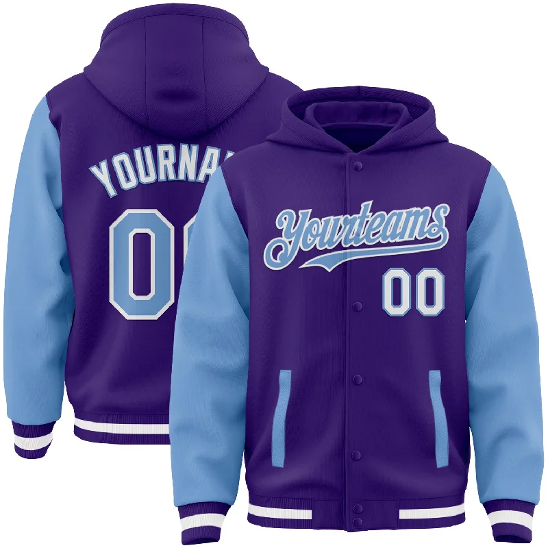 fishing rod combos for catfish-Custom Purple Light Blue-White Bomber Full-Snap Varsity Letterman Two Tone Hoodie Jacket