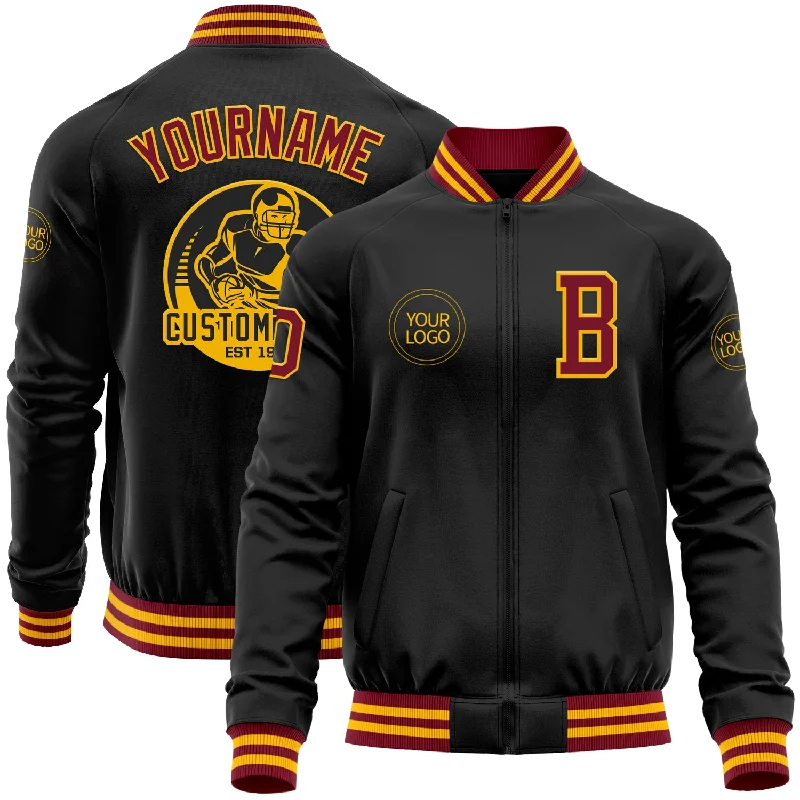 artificial lures for bass-Custom Black Crimson-Gold Bomber Varsity Letterman Zipper Jacket