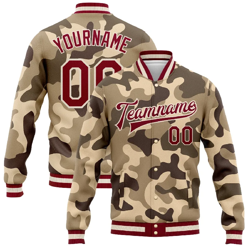 carp fishing tackle for women-Custom Camo Maroon-Cream Desert Camouflage 3D Bomber Full-Snap Varsity Letterman Salute To Service Jacket