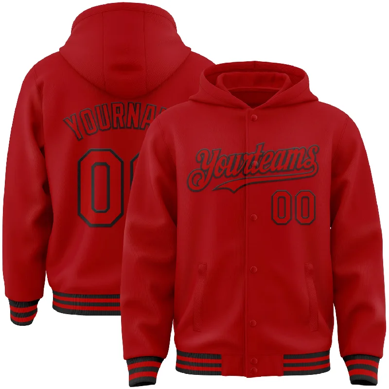 fishing hooks for bass fishing-Custom Red Black Bomber Full-Snap Varsity Letterman Hoodie Jacket