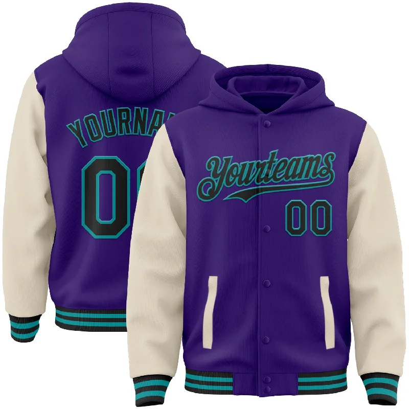 fishing hooks for catfish-Custom Purple Black Cream-Teal Bomber Full-Snap Varsity Letterman Two Tone Hoodie Jacket