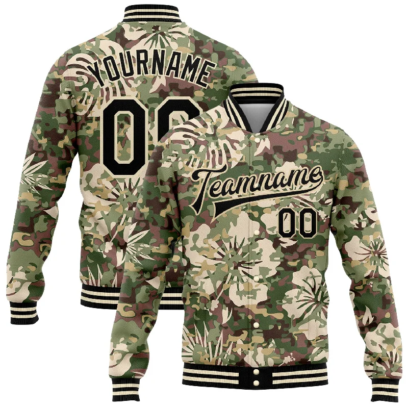 fishing boats for saltwater fishing-Custom Camo Black-Cream Hawaii Palm Leaves 3D Bomber Full-Snap Varsity Letterman Salute To Service Jacket