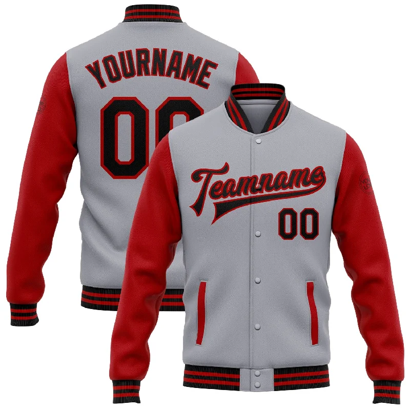 fishing tackle for deep sea-Custom Gray Black-Red Bomber Full-Snap Varsity Letterman Two Tone Jacket