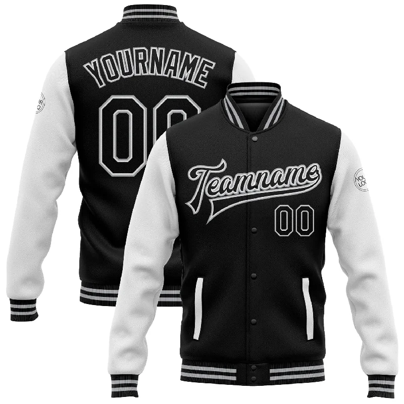 fishing gloves for saltwater trolling-Custom Black White-Gray Bomber Full-Snap Varsity Letterman Two Tone Jacket