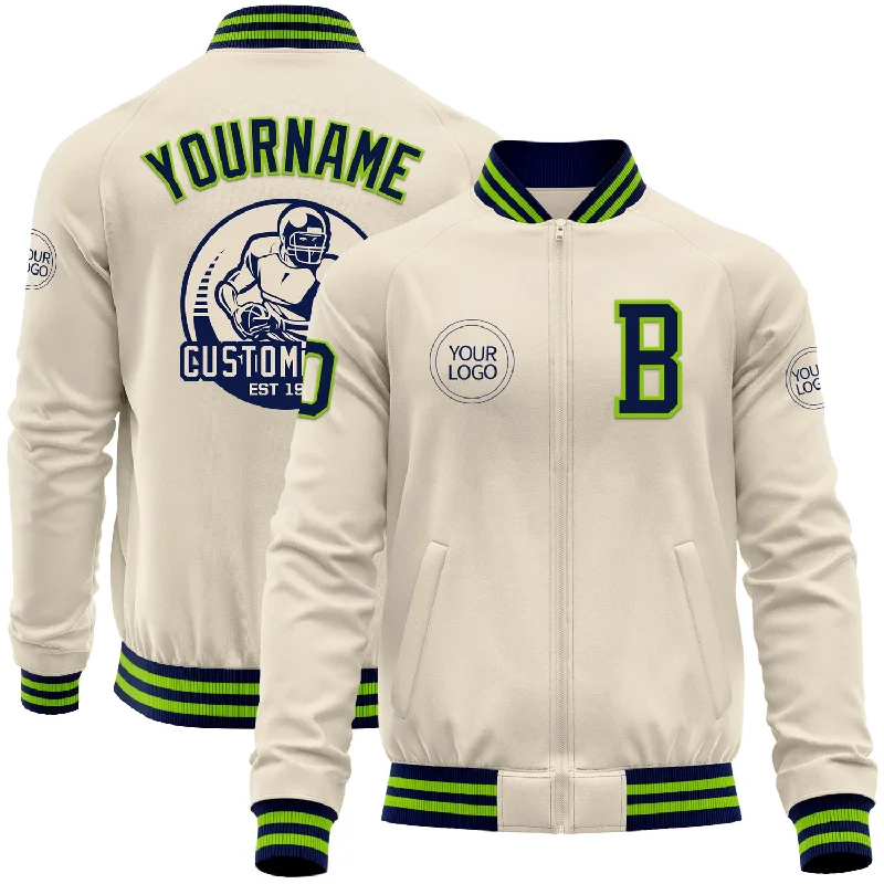 artificial lures for catfish-Custom Cream Navy-Neon Green Bomber Varsity Letterman Zipper Jacket