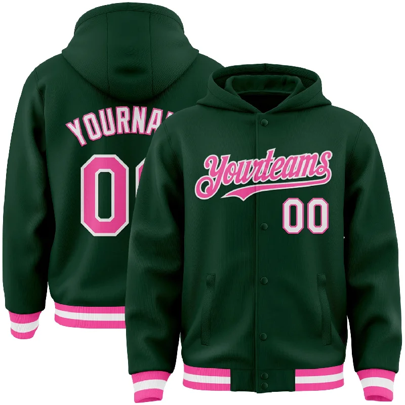 fishing line for kayak fishing-Custom Green Pink-White Bomber Full-Snap Varsity Letterman Hoodie Jacket