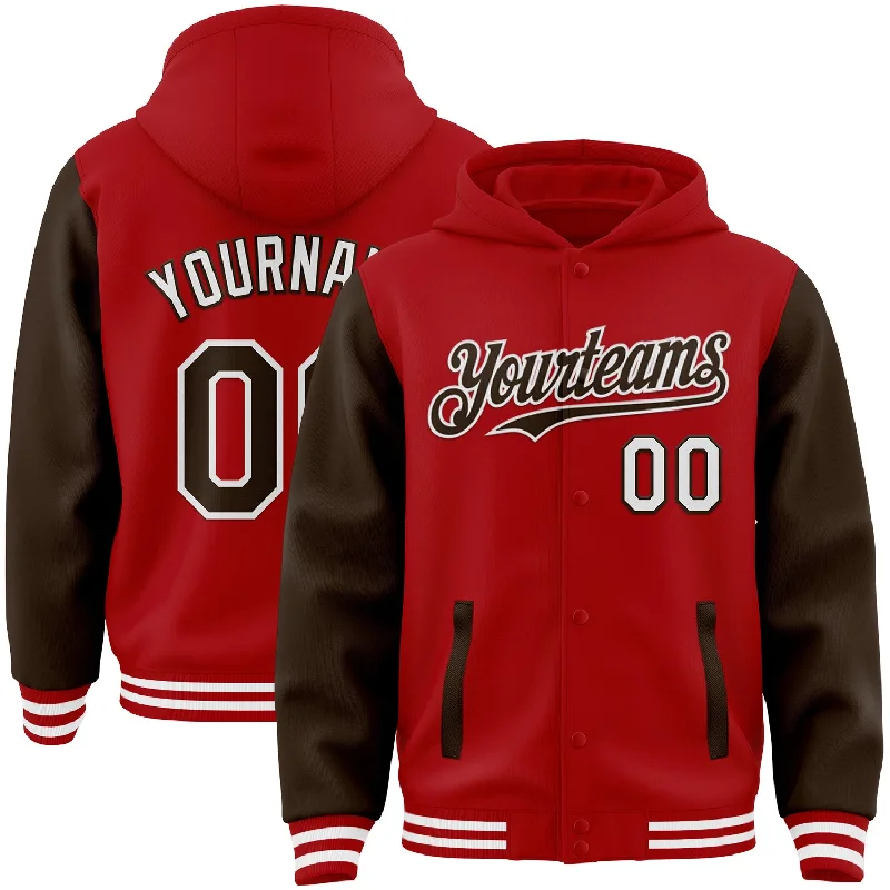 fishing boats for fly fishing-Custom Red Brown-White Bomber Full-Snap Varsity Letterman Two Tone Hoodie Jacket