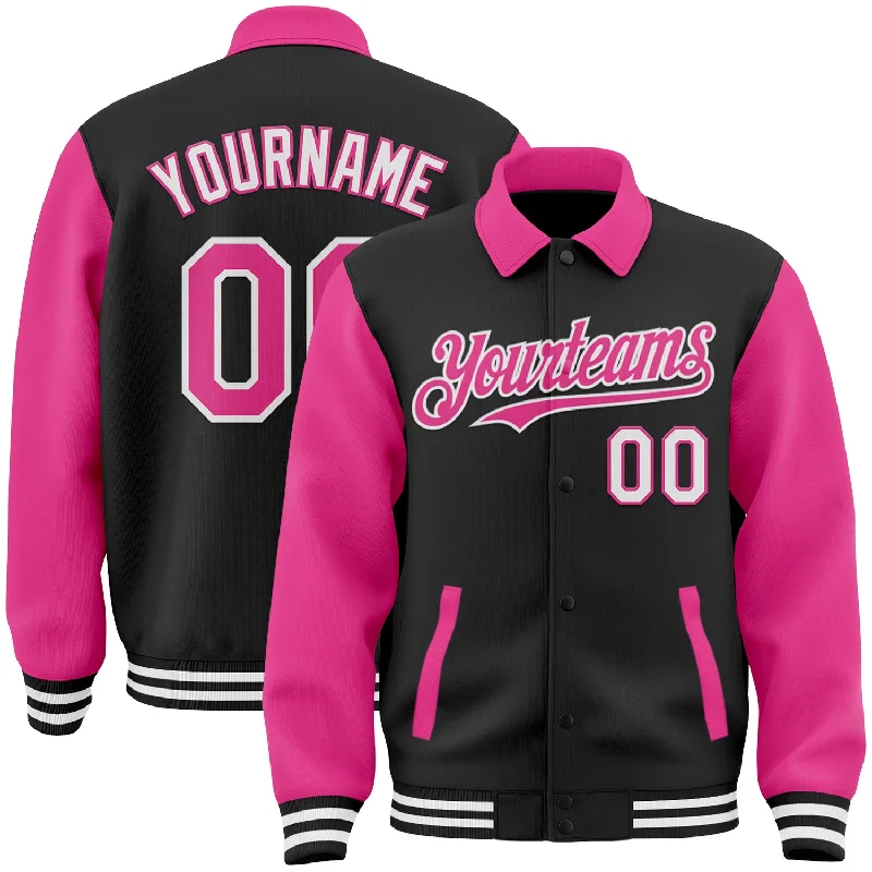 fishing nets for small fish-Custom Black Pink-White Bomber Full-Snap Varsity Letterman Two Tone Lapel Collar Byron Jacket