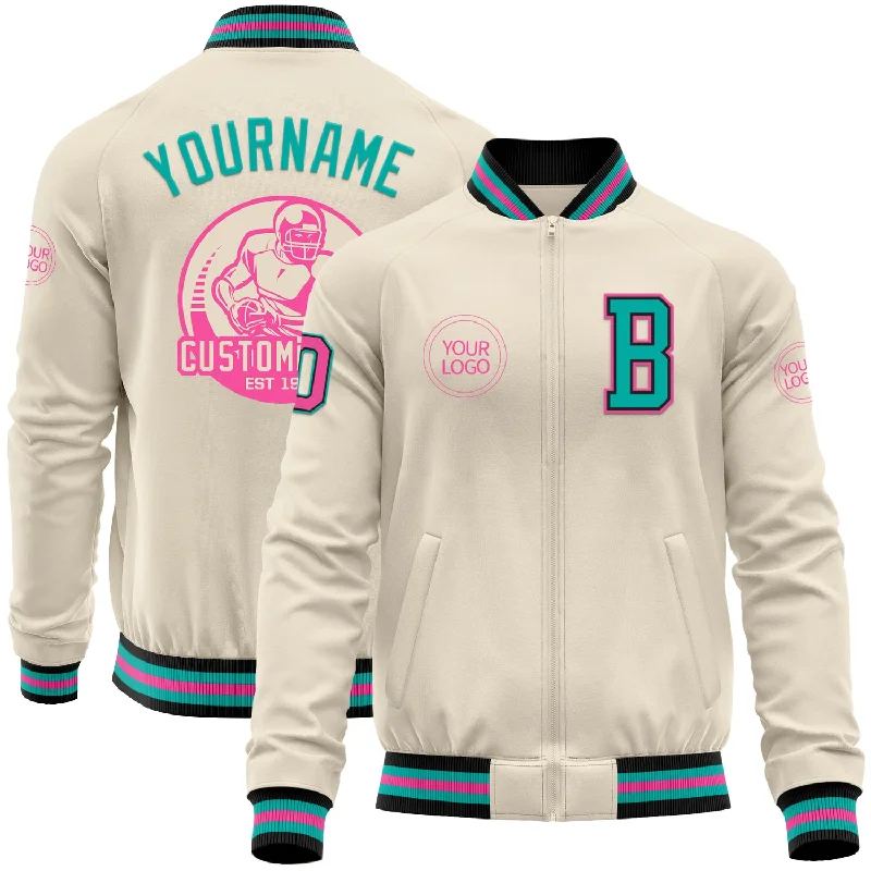 fishing nets for trout-Custom Cream Pink Black-Aqua Bomber Varsity Letterman Zipper Jacket