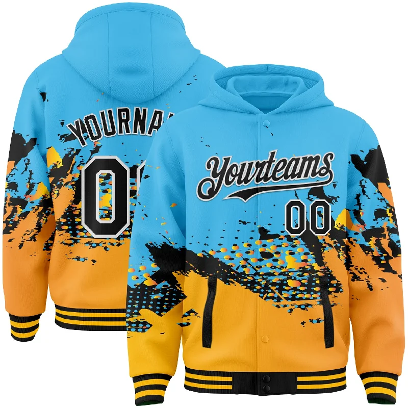 fishing reels for deep sea-Custom Sky Blue Black-Gold Abstract Splash Grunge Art 3D Pattern Design Bomber Full-Snap Varsity Letterman Hoodie Jacket