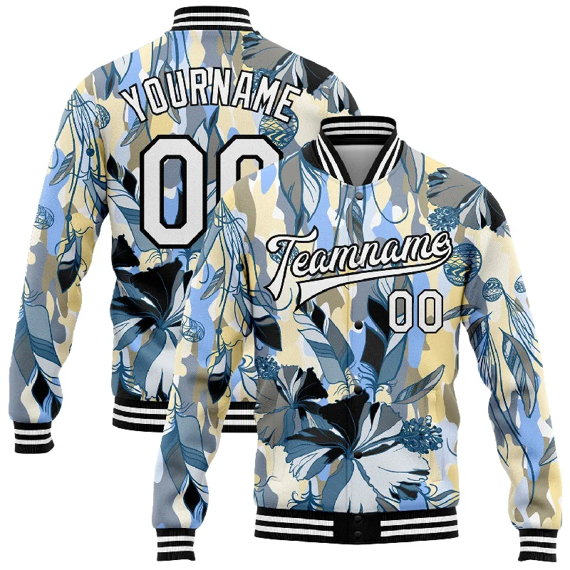 fishing tackle for camping fishing-Custom Camo White-Black Boho Style 3D Pattern Design Bomber Full-Snap Varsity Letterman Salute To Service Jacket