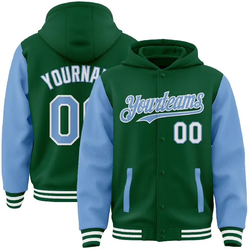 fishing tackle for ice fishing-Custom Kelly Green Light Blue-White Bomber Full-Snap Varsity Letterman Two Tone Hoodie Jacket