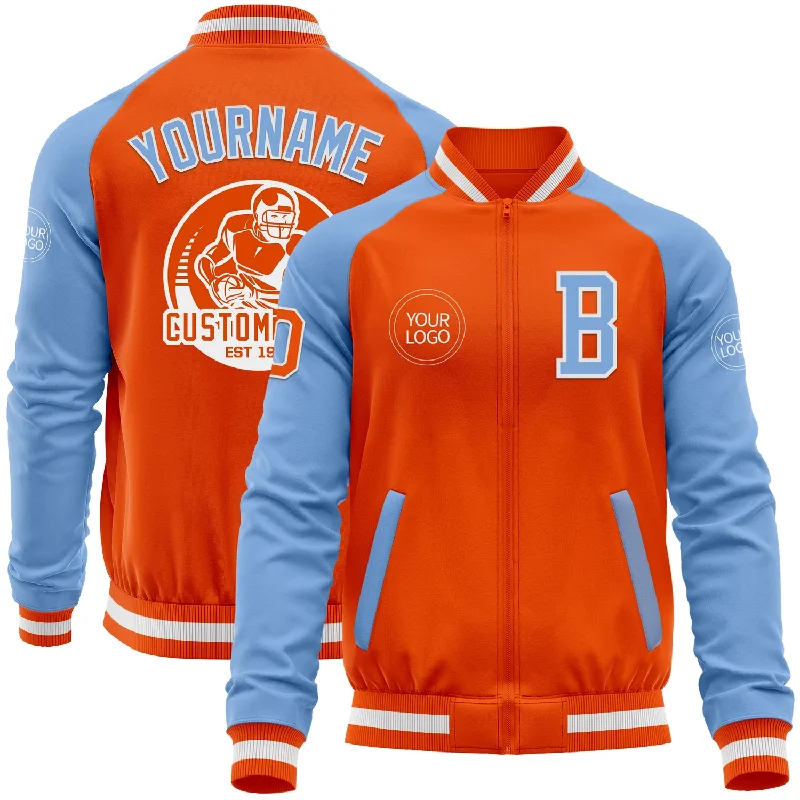 artificial lures for bank fishing-Custom Orange White-Light Blue Bomber Varsity Letterman Two Tone Zipper Jacket