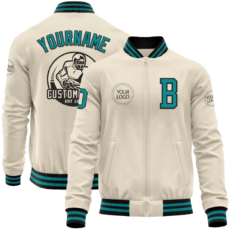 fishing line for carp fishing-Custom Cream Teal-Black Bomber Varsity Letterman Zipper Jacket