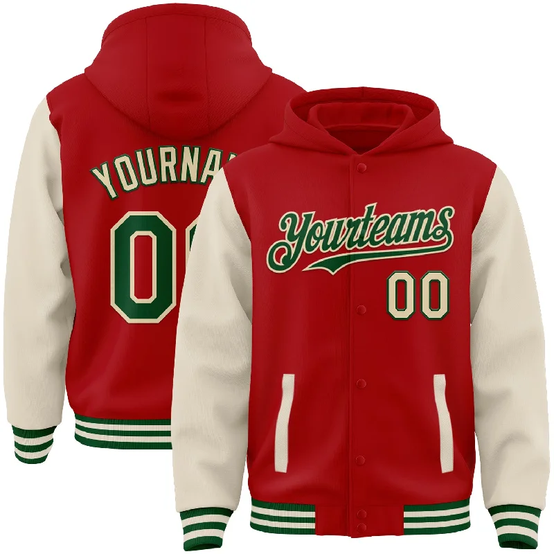 fishing gloves for women-Custom Red Green-Cream Bomber Full-Snap Varsity Letterman Two Tone Hoodie Jacket