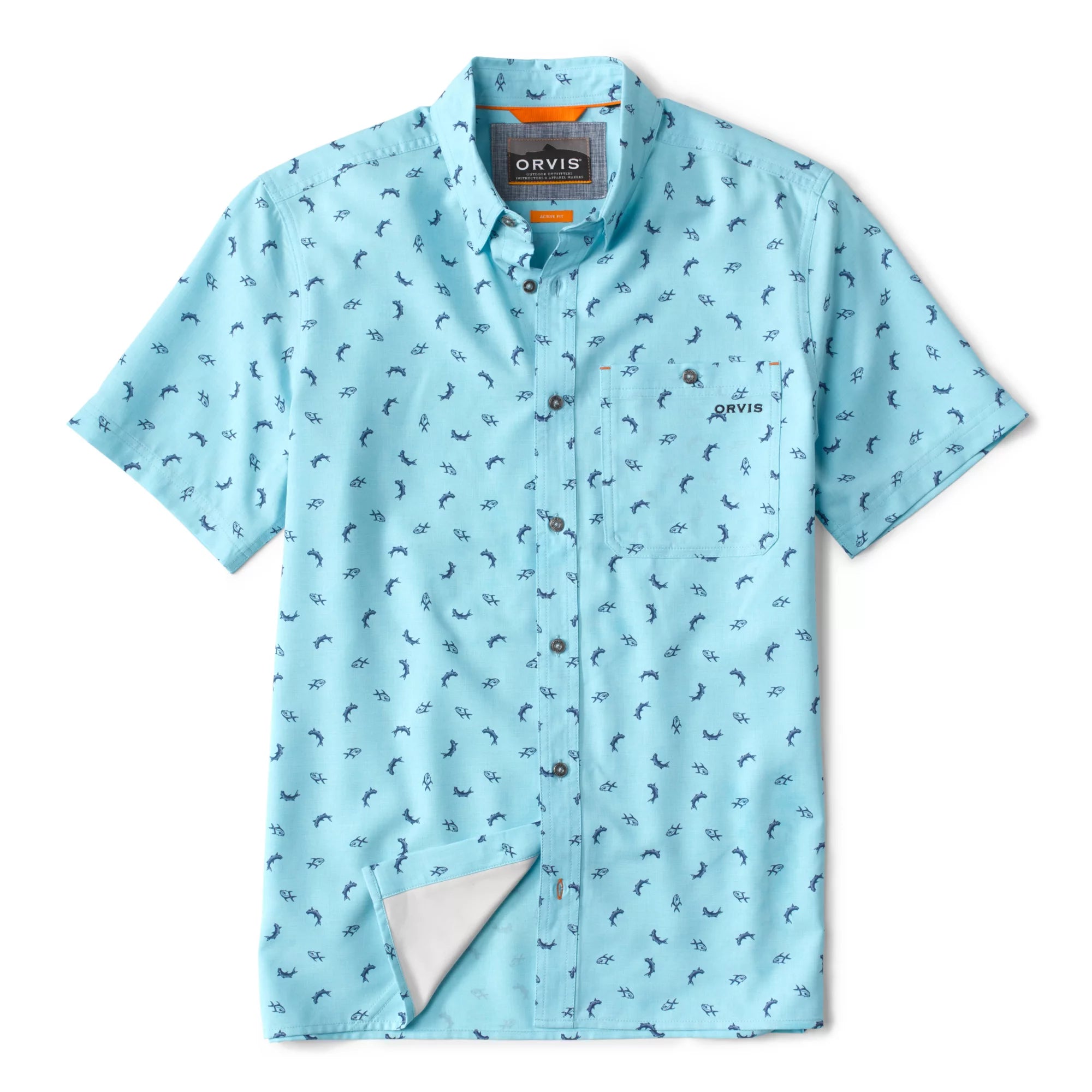 fishing kayaks for saltwater fishing-Orvis Tech Chambray Printed Short-Sleeve Shirt - Cloud Blue