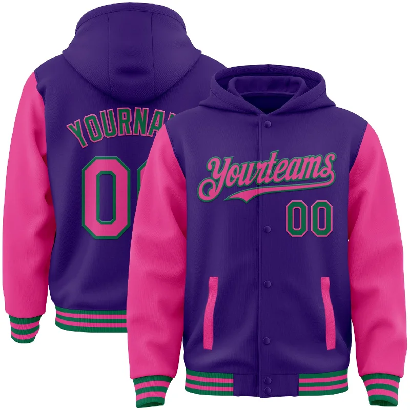 fishing rod holders for saltwater-Custom Purple Pink-Kelly Green Bomber Full-Snap Varsity Letterman Two Tone Hoodie Jacket