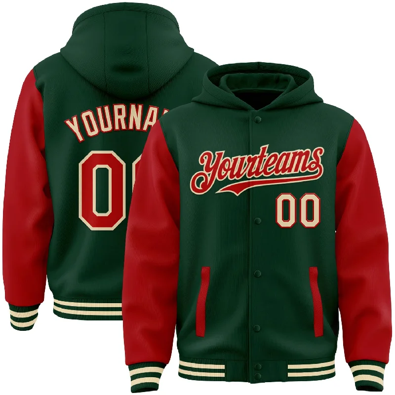 catfish fishing rods reviews-Custom Green Red-Cream Bomber Full-Snap Varsity Letterman Two Tone Hoodie Jacket