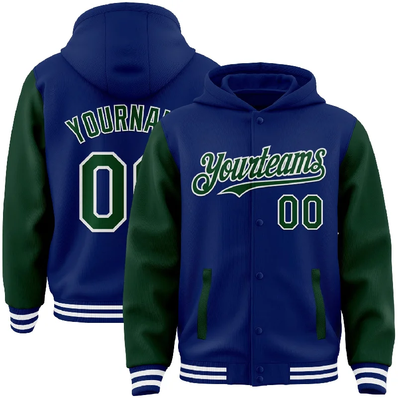 fishing waders for kids-Custom Royal Green-White Bomber Full-Snap Varsity Letterman Two Tone Hoodie Jacket