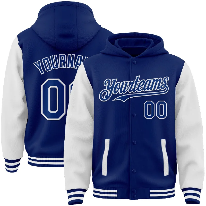 fishing tackle for kids-Custom Royal White Bomber Full-Snap Varsity Letterman Two Tone Hoodie Jacket