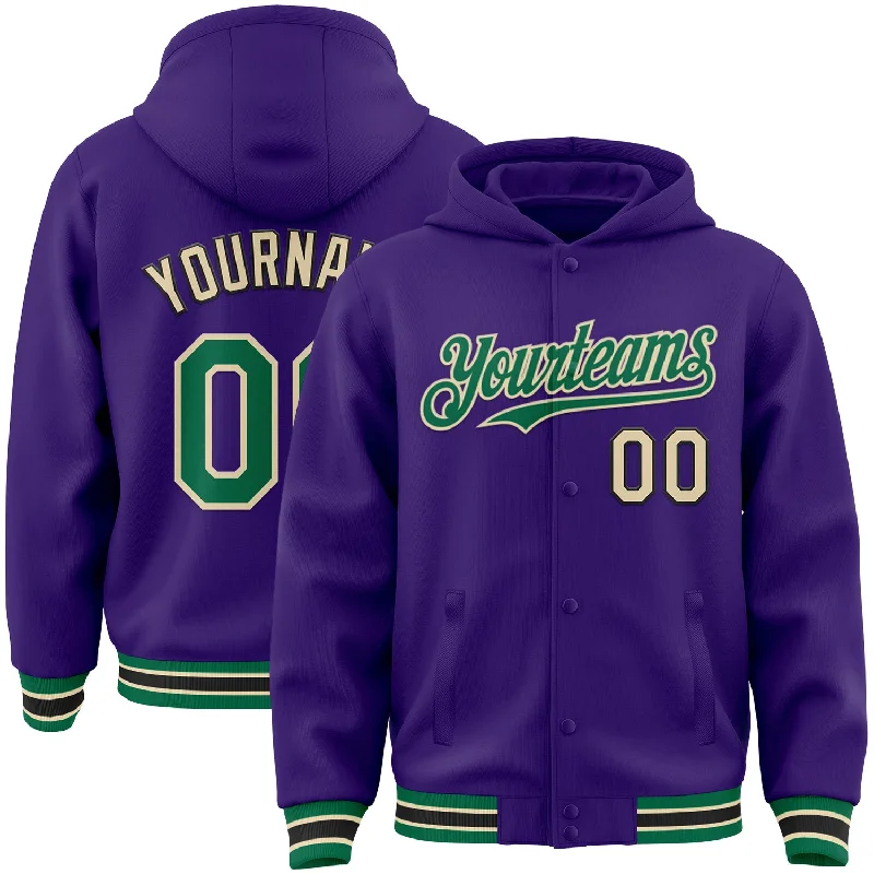 fishing reels maintenance-Custom Purple Kelly Green-Cream Bomber Full-Snap Varsity Letterman Hoodie Jacket