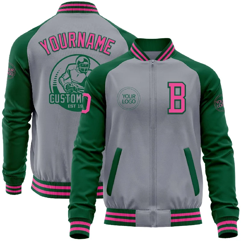 catfish fishing tackle for saltwater-Custom Gray Pink-Kelly Green Varsity Letterman Two Tone Zipper Jacket