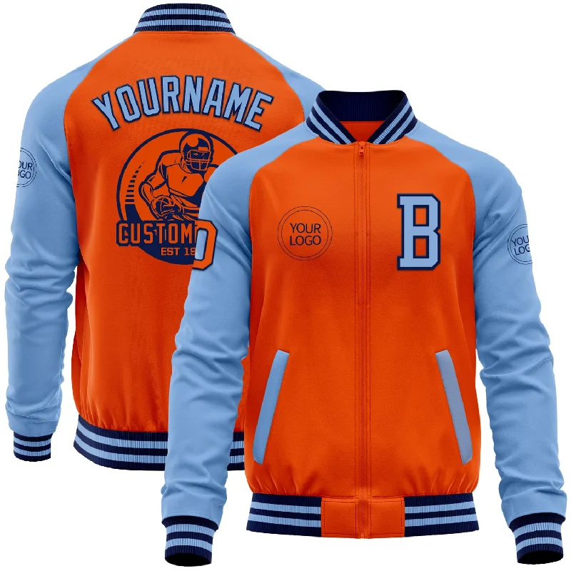 fishing line for bank fishing-Custom Orange Navy-Light Blue Bomber Varsity Letterman Two Tone Zipper Jacket