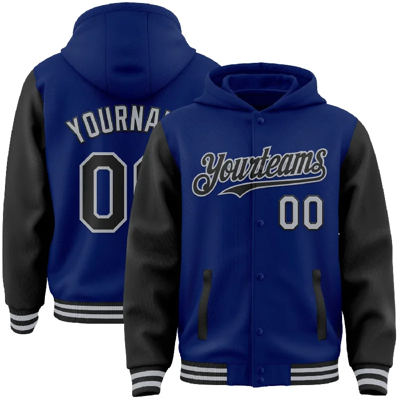 fishing reels for catfish-Custom Royal Black-Gray Bomber Full-Snap Varsity Letterman Two Tone Hoodie Jacket