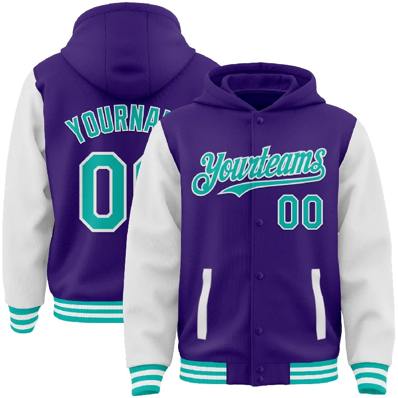 fishing tackle for beginners-Custom Purple Aqua-White Bomber Full-Snap Varsity Letterman Two Tone Hoodie Jacket