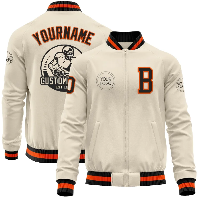 fishing poles for catfish-Custom Cream Black-Orange Bomber Varsity Letterman Zipper Jacket