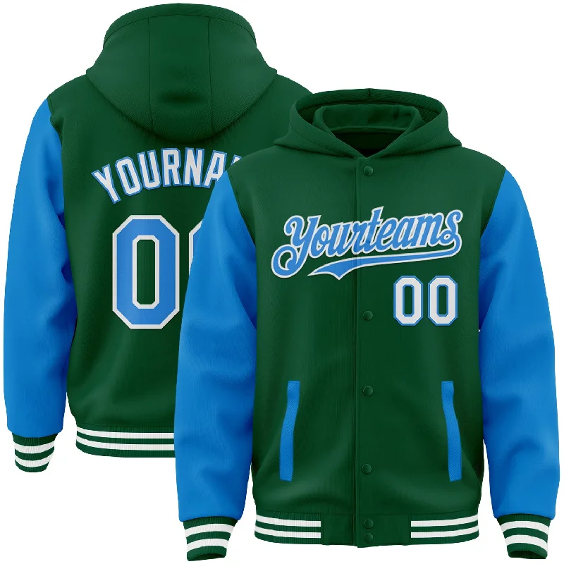 fishing boats for freshwater-Custom Kelly Green Powder Blue-White Bomber Full-Snap Varsity Letterman Two Tone Hoodie Jacket