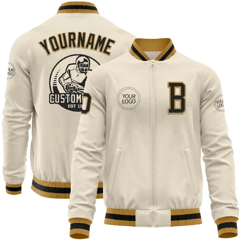 catfish fishing line types-Custom Cream Black-Old Gold Bomber Varsity Letterman Zipper Jacket