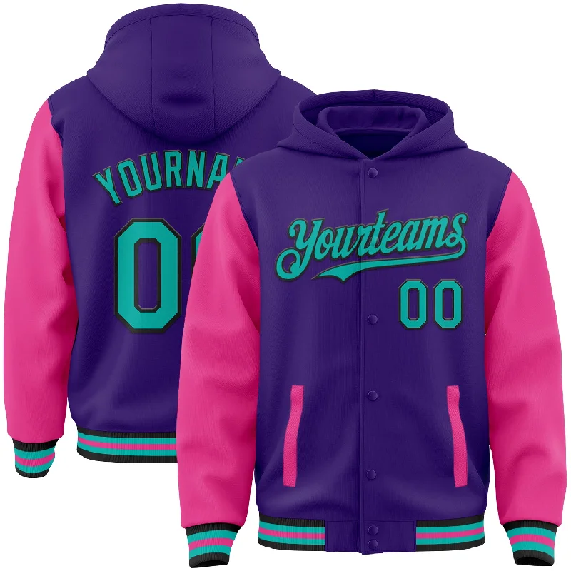 fishing reels for freshwater-Custom Purple Aqua Pink-Black Bomber Full-Snap Varsity Letterman Two Tone Hoodie Jacket