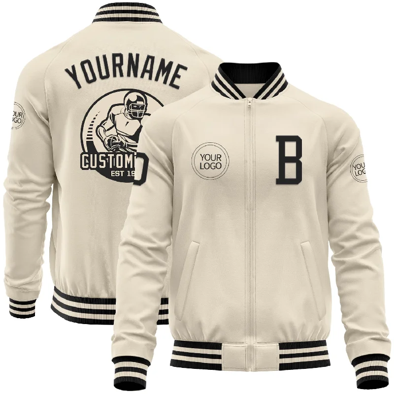 fishing line for heavy fish-Custom Cream Black Bomber Varsity Letterman Zipper Jacket