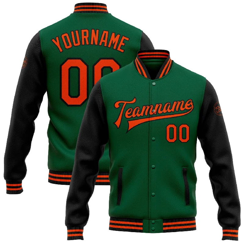 fishing reels for trolling-Custom Kelly Green Orange-Black Bomber Full-Snap Varsity Letterman Two Tone Jacket