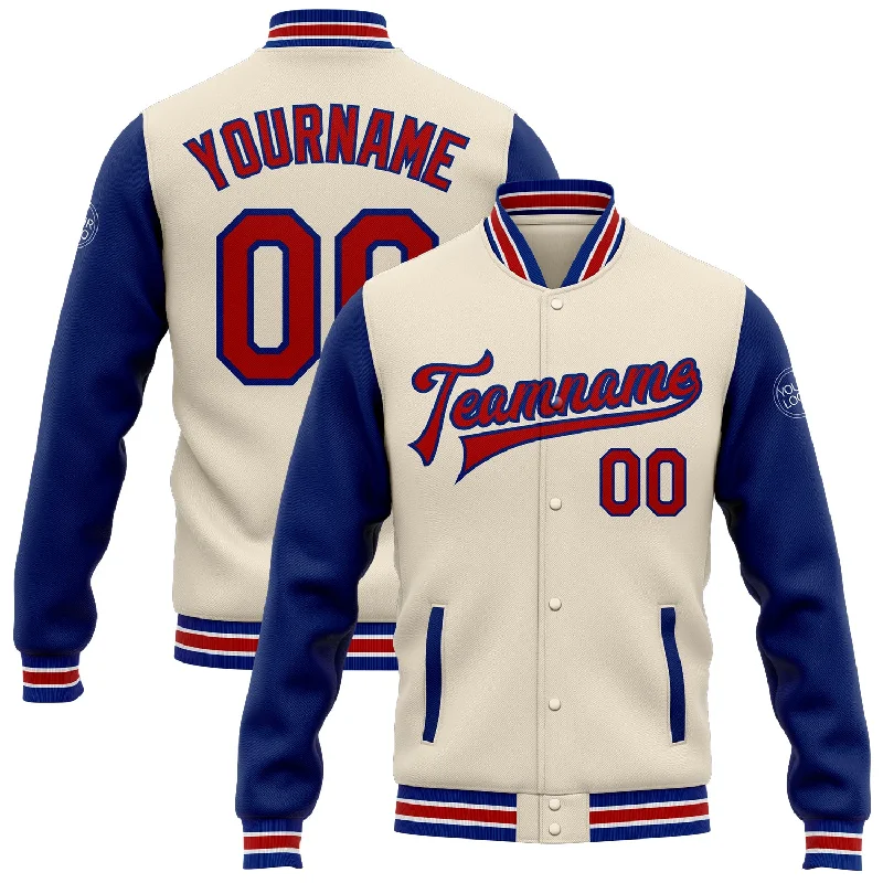 spinning reels for kids fishing-Custom Cream Red-Royal Bomber Full-Snap Varsity Letterman Two Tone Jacket