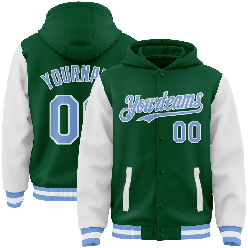 fishing hooks for trout-Custom Kelly Green Light Blue-White Bomber Full-Snap Varsity Letterman Two Tone Hoodie Jacket