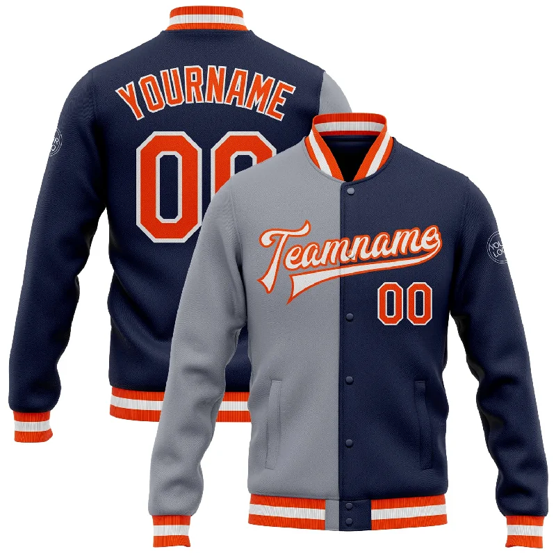 fishing bait for deep sea-Custom Navy Orange-Gray Bomber Full-Snap Varsity Letterman Split Fashion Jacket