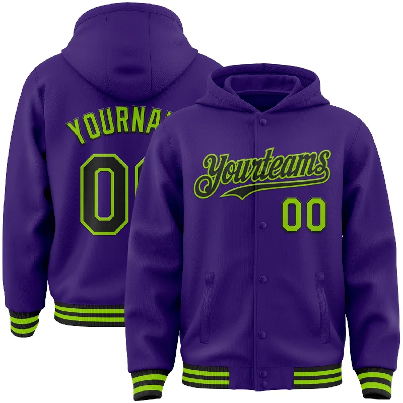 fishing gloves for fly fishing-Custom Purple Black-Neon Green Bomber Full-Snap Varsity Letterman Hoodie Jacket