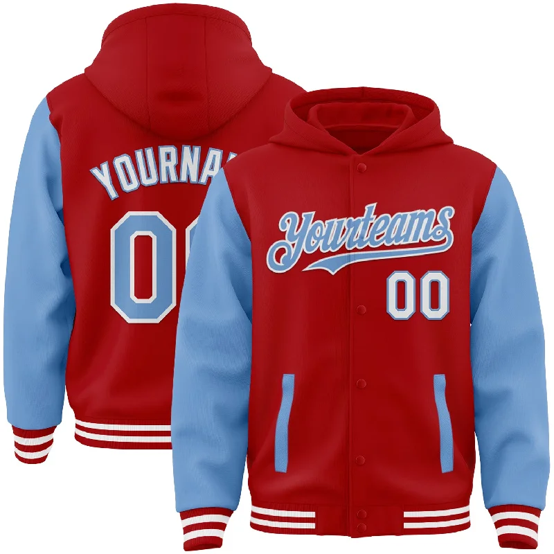 fishing hooks for ice fishing-Custom Red Light Blue-White Bomber Full-Snap Varsity Letterman Two Tone Hoodie Jacket