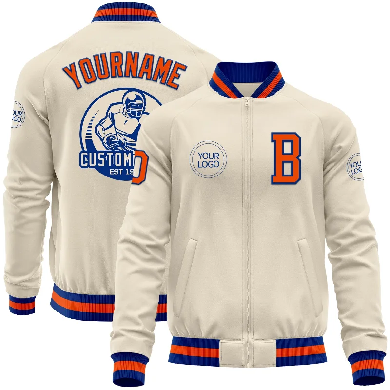 catfish fishing tackle-Custom Cream Royal-Orange Bomber Varsity Letterman Zipper Jacket