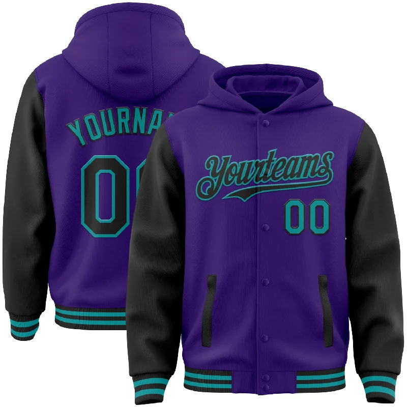 fishing tackle for trout-Custom Purple Black-Teal Bomber Full-Snap Varsity Letterman Two Tone Hoodie Jacket